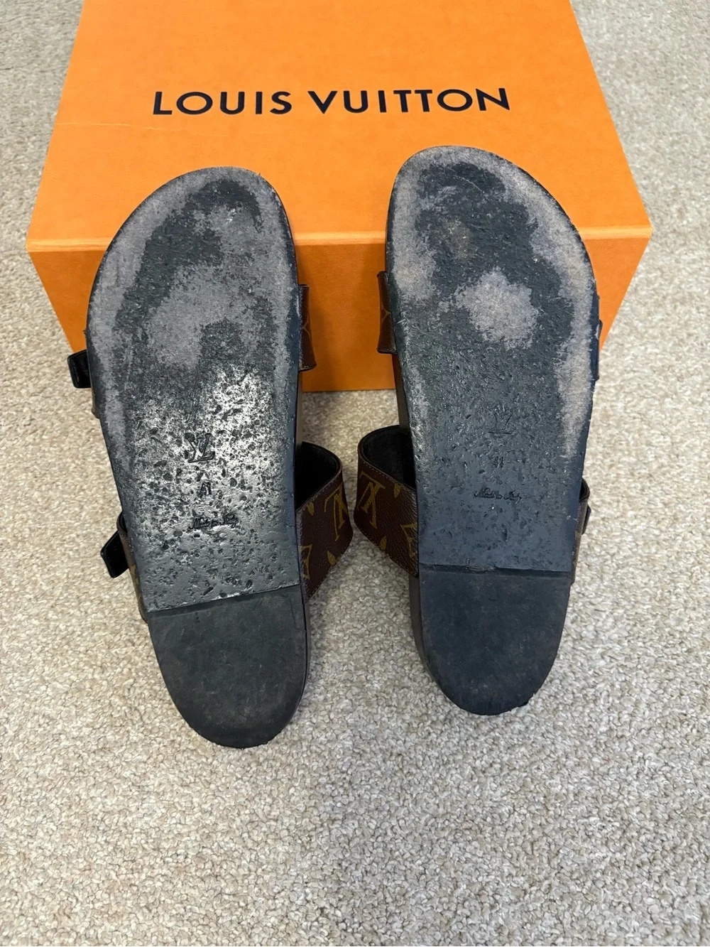 Louis Vuitton Brown Monogram Double-Buckle Slide Sandals - Picture 7 of 12
